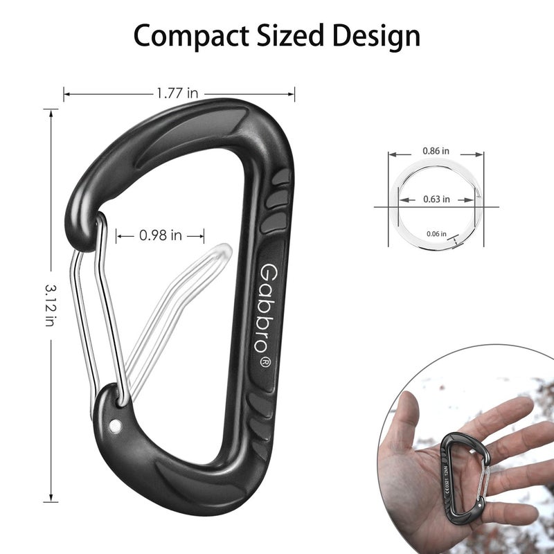 Gabbro Carabiner Clips Heavy Duty 12kN (2697 lbs), | 3.2 Inch, Aluminum, Wiregate Snap, Lightweight, 4 Pack | for Hammock, Hiking, Camping, Water Bottle, Dog Leash Harness, Keychains - Black Orange - Image 3